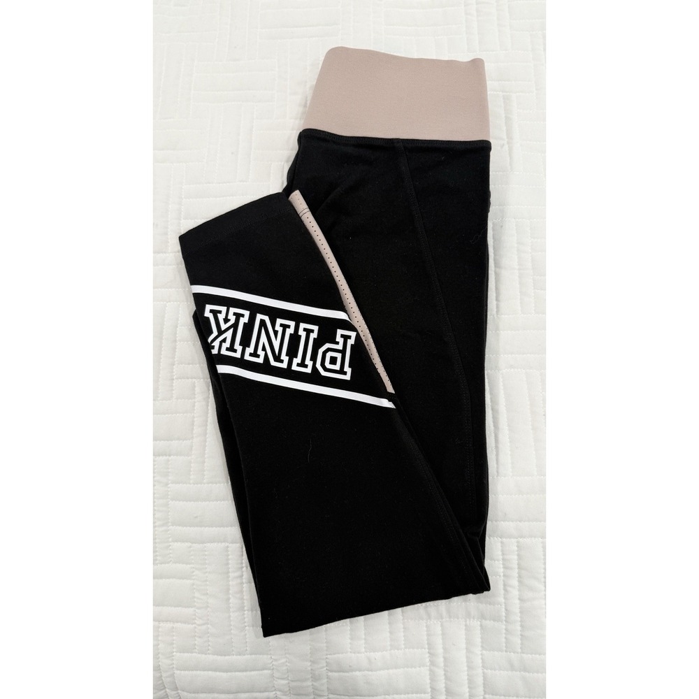 Victoria's Secret PINK Yoga Leggings Black Tan Logo Cropped Size S